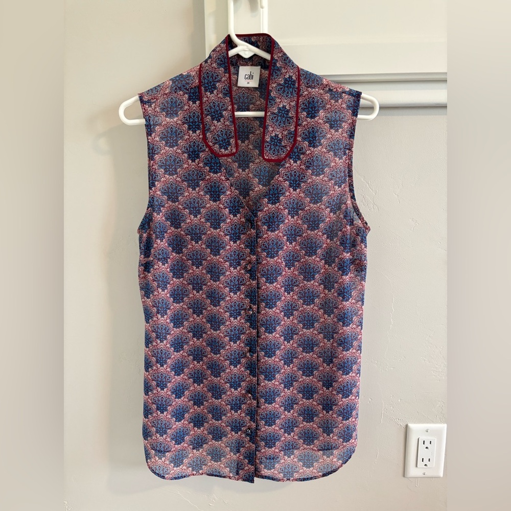 CAbi Women's Sleeveless Blue and Red Button Down Shirt - #3620